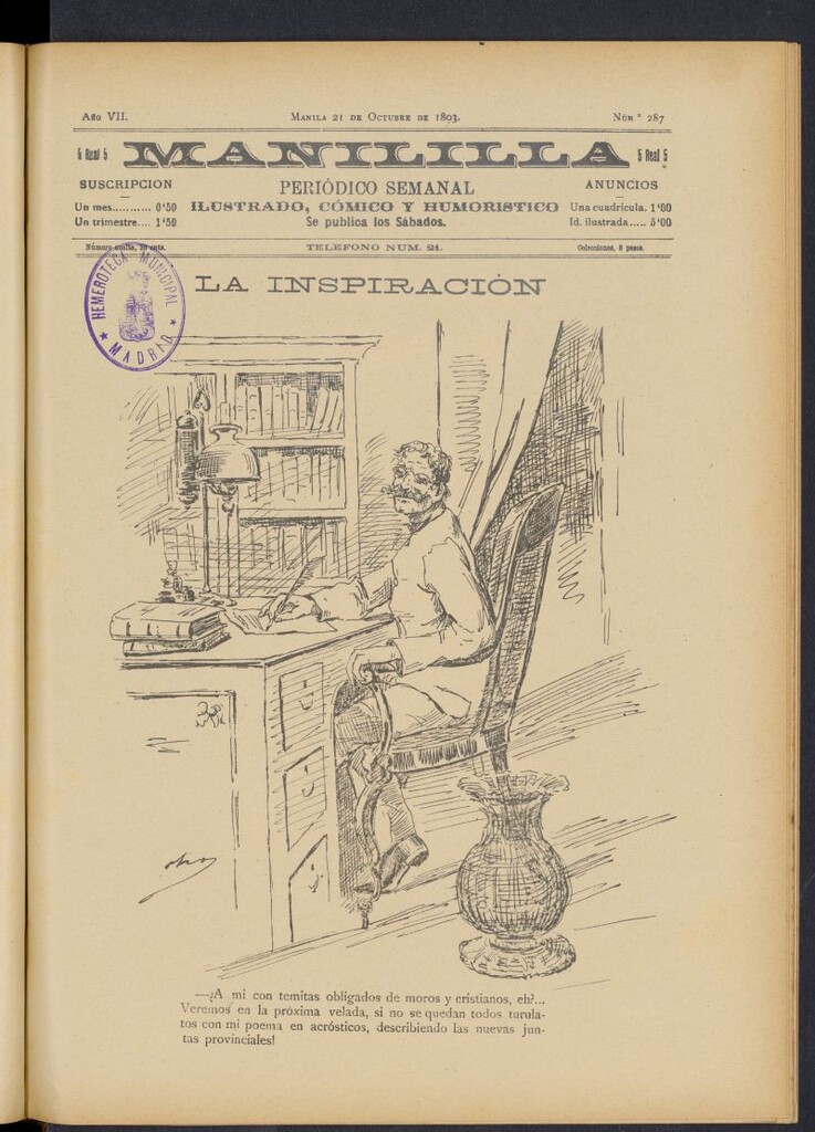 Miniatura de Manililla : periódico semanal ilustrado, cómico y humorístico del 21 de octubre de 1893, nº 287