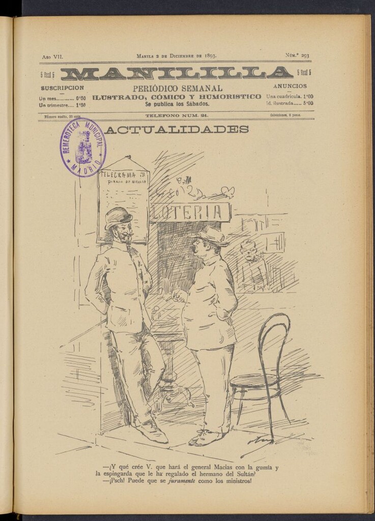 Miniatura de Manililla : periódico semanal ilustrado, cómico y humorístico del 2 de diciembre de 1893, nº 293