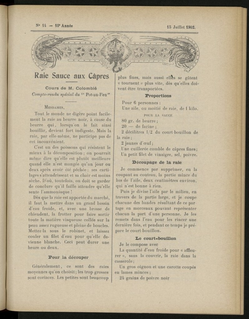 Miniatura de Le Pot-au-Feu : journal de cuisine pratique et d´économie domestique del 15 de julio de 1902, nº 14