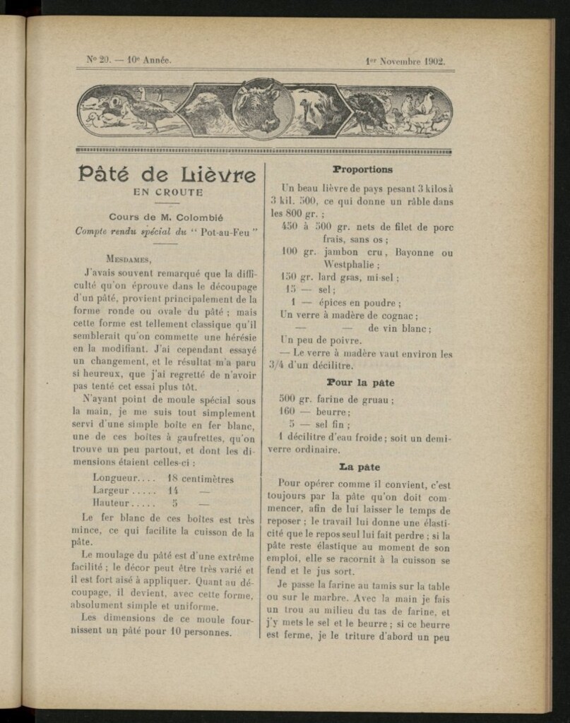Miniatura de Le Pot-au-Feu : journal de cuisine pratique et d´économie domestique del 1 de noviembre de 1902, nº 20