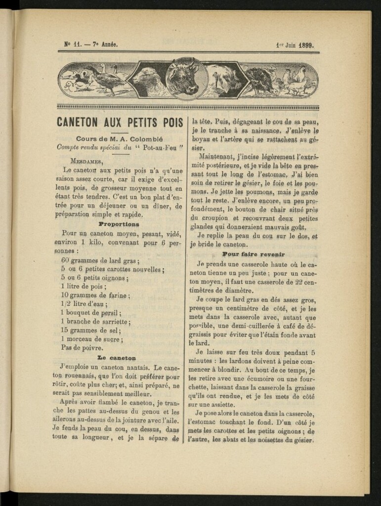 Miniatura de Le Pot-au-Feu : journal de cuisine pratique et d´économie domestique del 1 de junio de 1899, nº 11