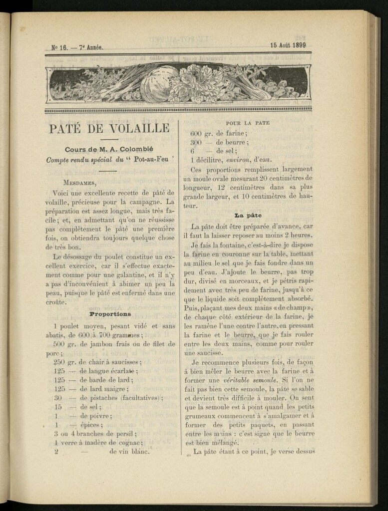 Miniatura de Le Pot-au-Feu : journal de cuisine pratique et d´économie domestique del 15 de agosto de 1899, nº 16
