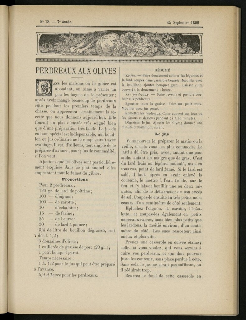 Miniatura de Le Pot-au-Feu : journal de cuisine pratique et d´économie domestique del 15 de septiembre de 1899, nº 18
