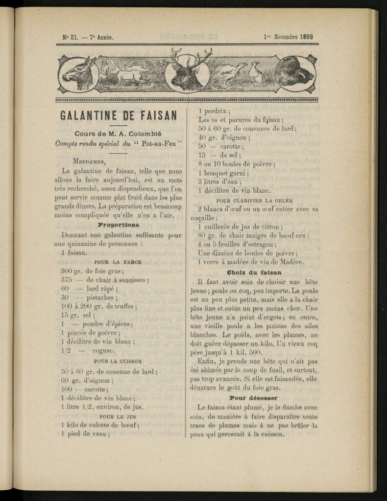Miniatura de Le Pot-au-Feu : journal de cuisine pratique et d´économie domestique del 1 de noviembre de 1899, nº 21
