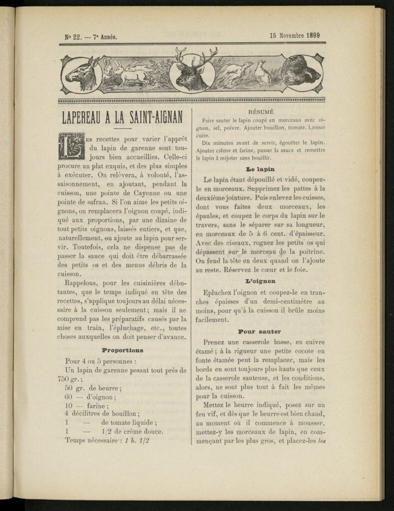 Miniatura de Le Pot-au-Feu : journal de cuisine pratique et d´économie domestique del 15 de noviembre de 1899, nº 22
