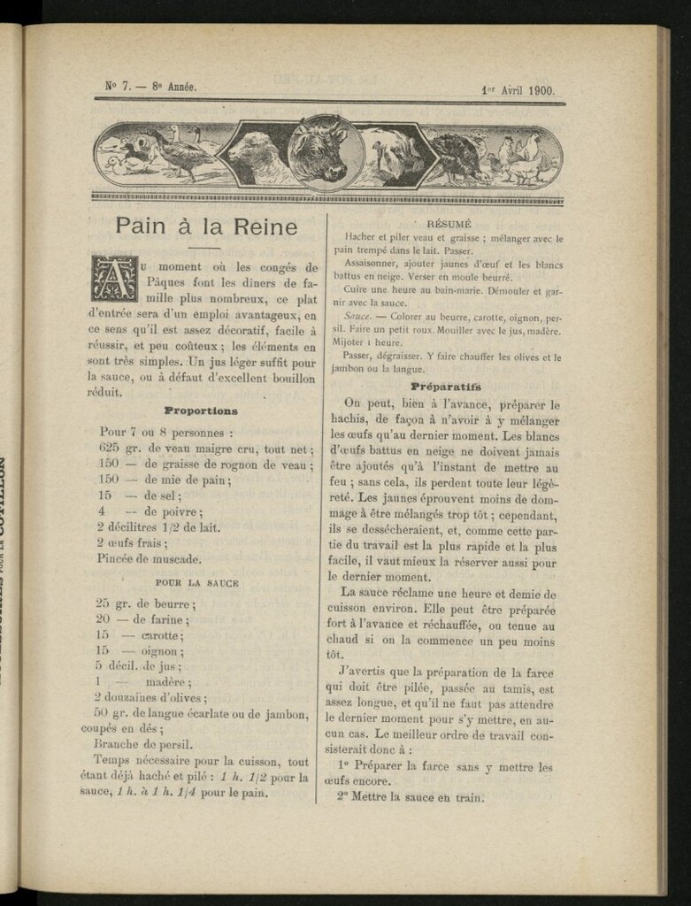 Miniatura de Le Pot-au-Feu : journal de cuisine pratique et d´économie domestique del 1 de abril de 1900, nº 7