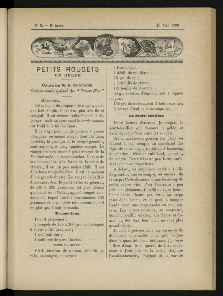 Miniatura de Le Pot-au-Feu : journal de cuisine pratique et d´économie domestique del 15 de abril de 1900, nº 8