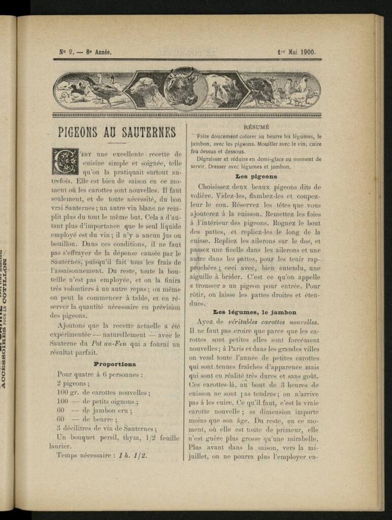 Miniatura de Le Pot-au-Feu : journal de cuisine pratique et d´économie domestique del 1 de mayo de 1900, nº 9