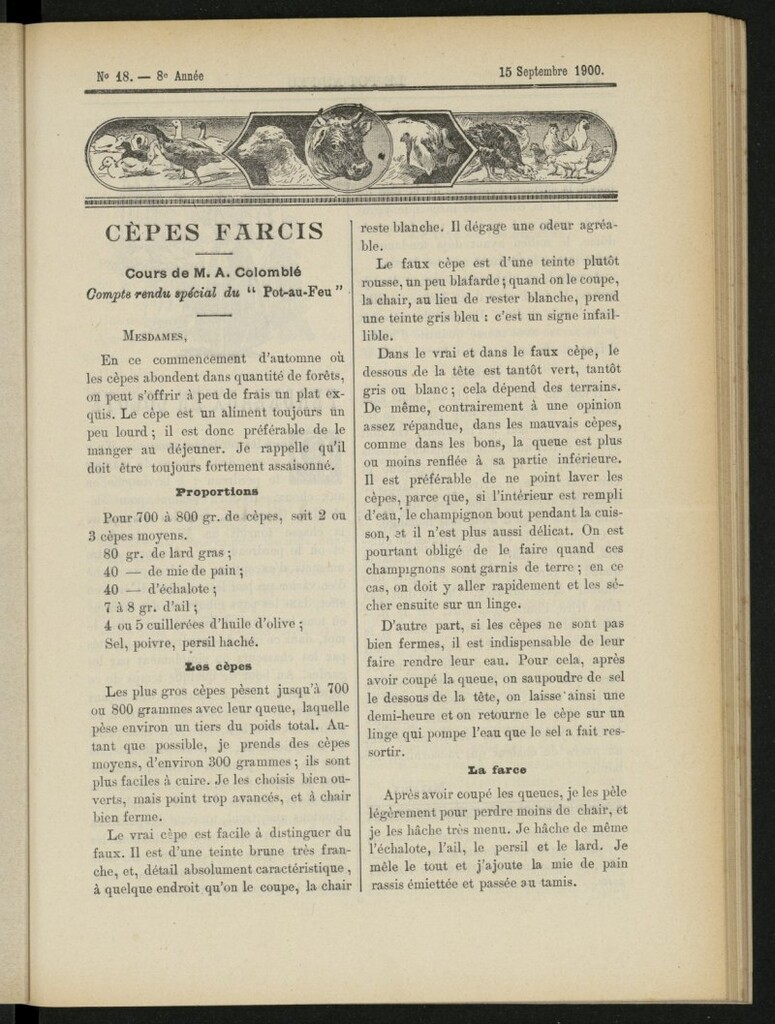 Miniatura de Le Pot-au-Feu : journal de cuisine pratique et d´économie domestique del 15 de septiembre de 1900, nº 18
