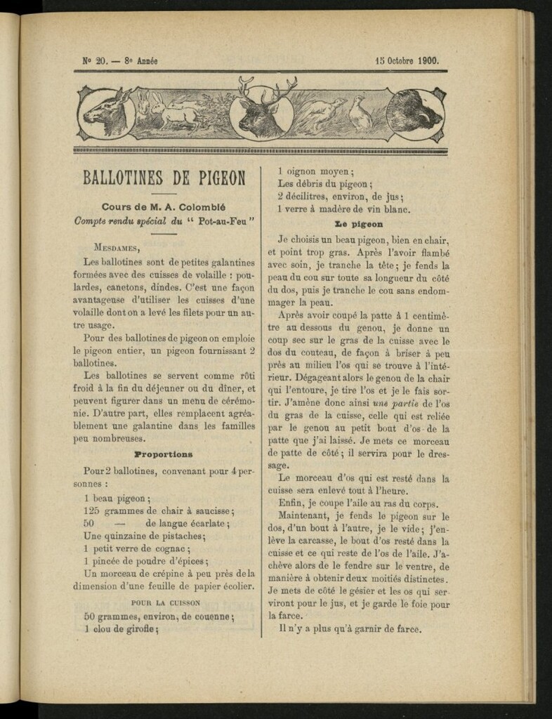 Miniatura de Le Pot-au-Feu : journal de cuisine pratique et d´économie domestique del 15 de octubre de 1900, nº 20