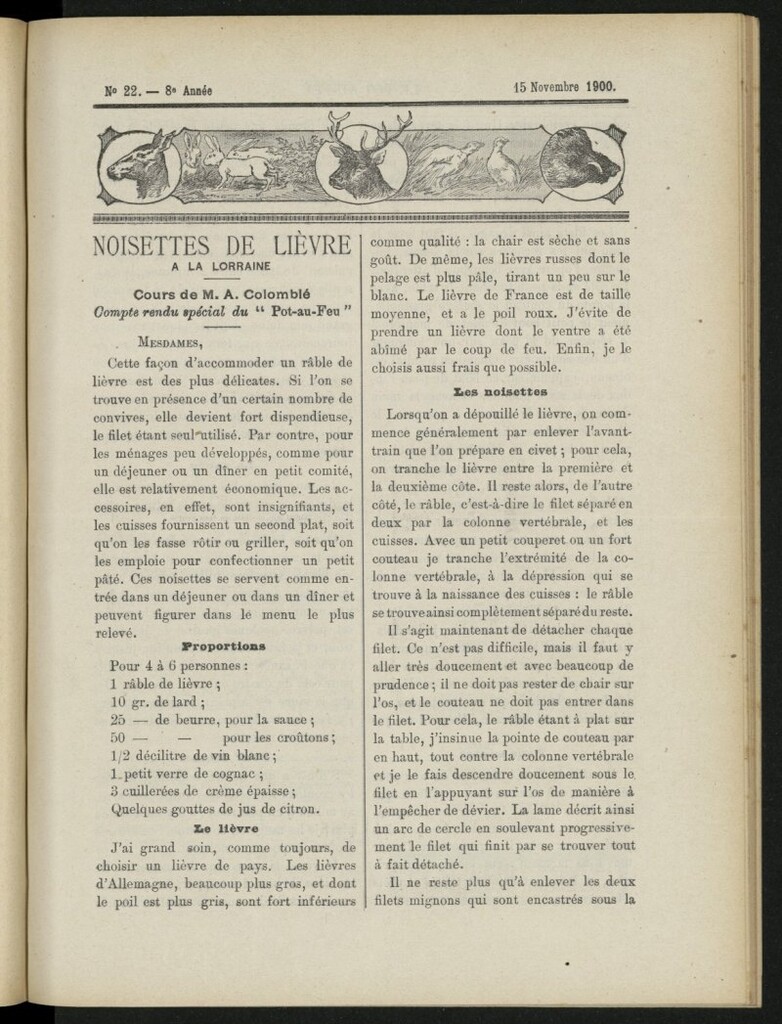 Miniatura de Le Pot-au-Feu : journal de cuisine pratique et d´économie domestique del 15 de noviembre de 1900, nº 22