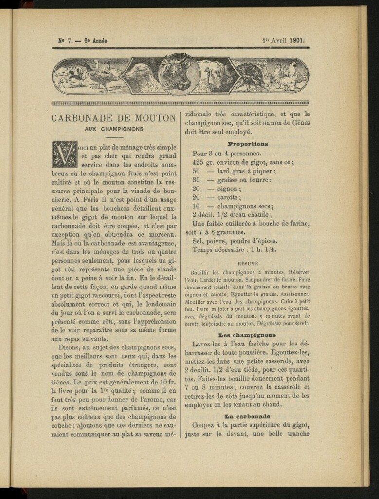 Miniatura de Le Pot-au-Feu : journal de cuisine pratique et d´économie domestique del 1 de abril de 1901, nº 7