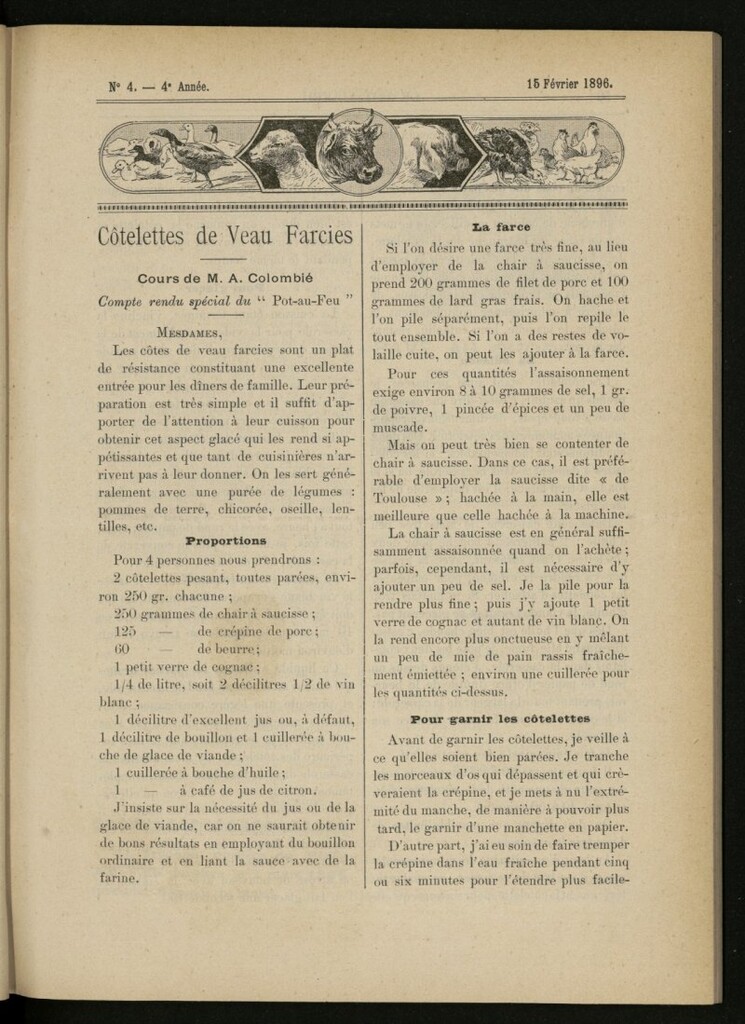 Miniatura de Le Pot-au-Feu : journal de cuisine pratique et d´économie domestique del 15 de febrero de 1896, nº 4