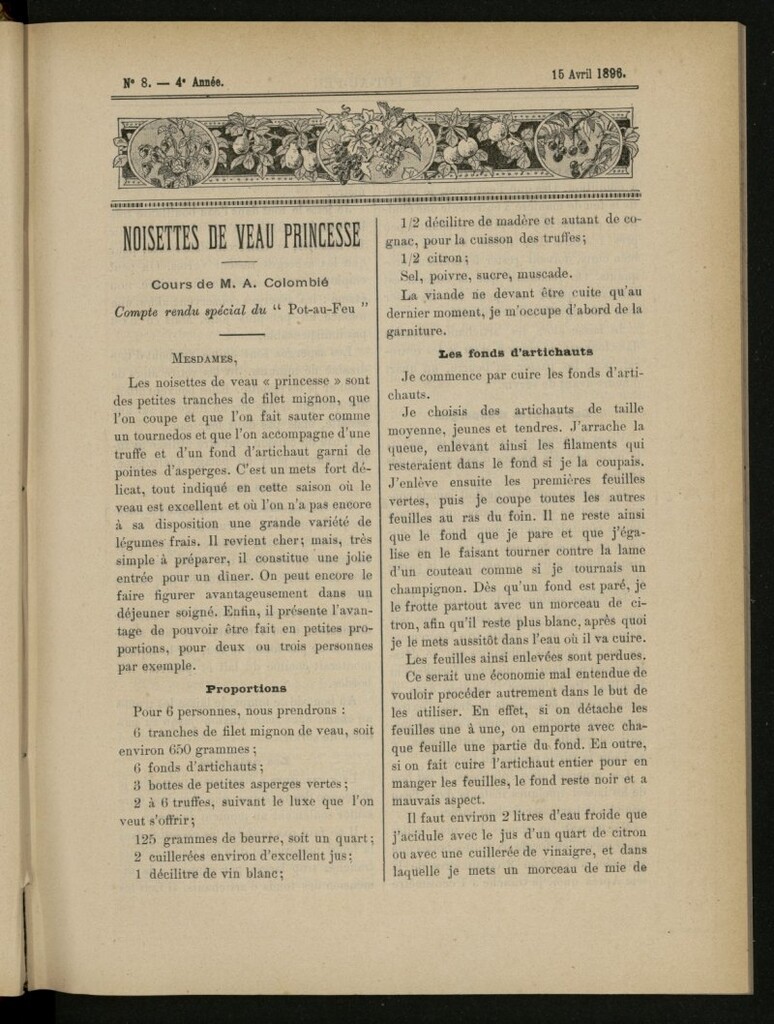 Miniatura de Le Pot-au-Feu : journal de cuisine pratique et d´économie domestique del 15 de abril de 1896, nº 8