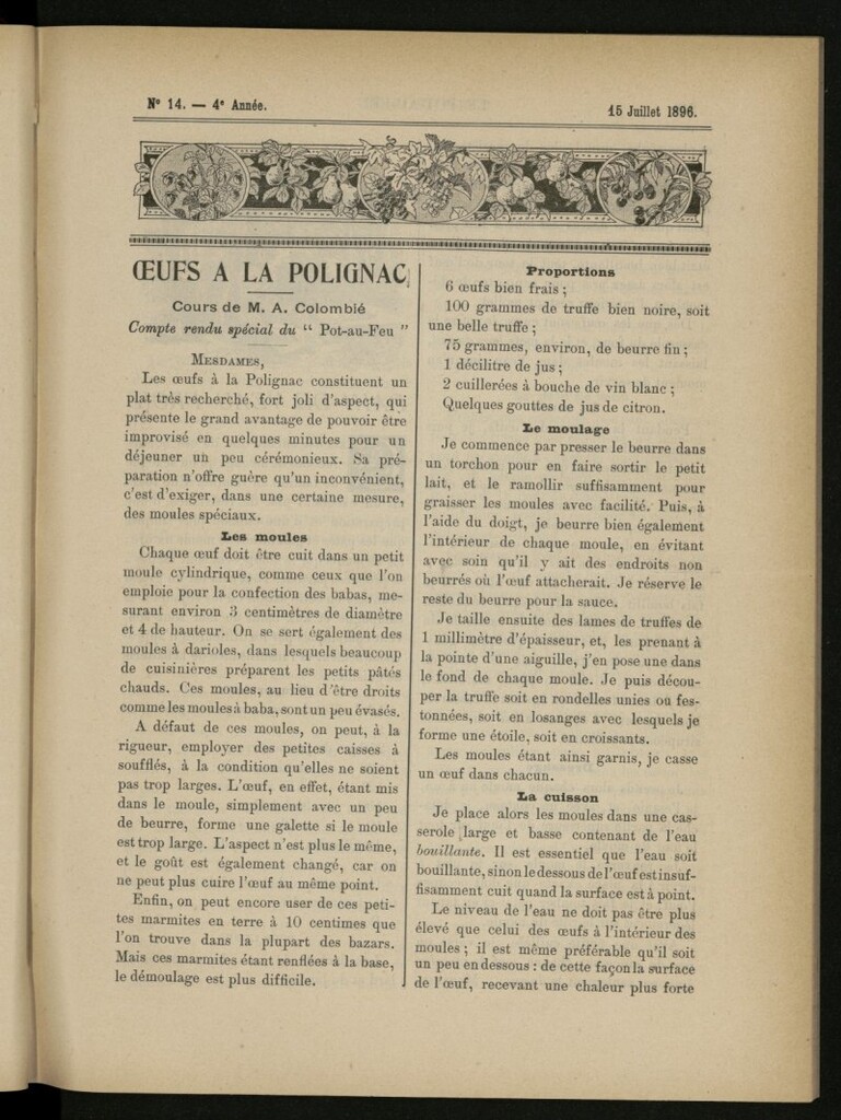 Miniatura de Le Pot-au-Feu : journal de cuisine pratique et d´économie domestique del 15 de julio de 1896, nº 14