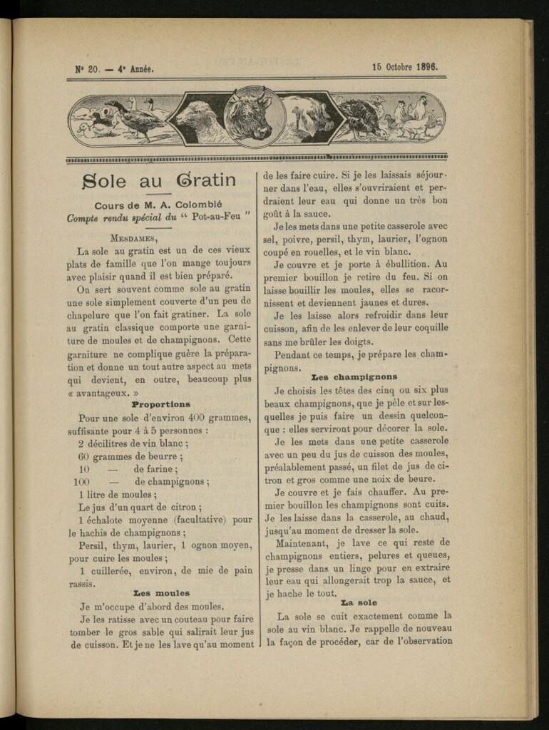 Miniatura de Le Pot-au-Feu : journal de cuisine pratique et d´économie domestique del 15 de octubre de 1896, nº 20