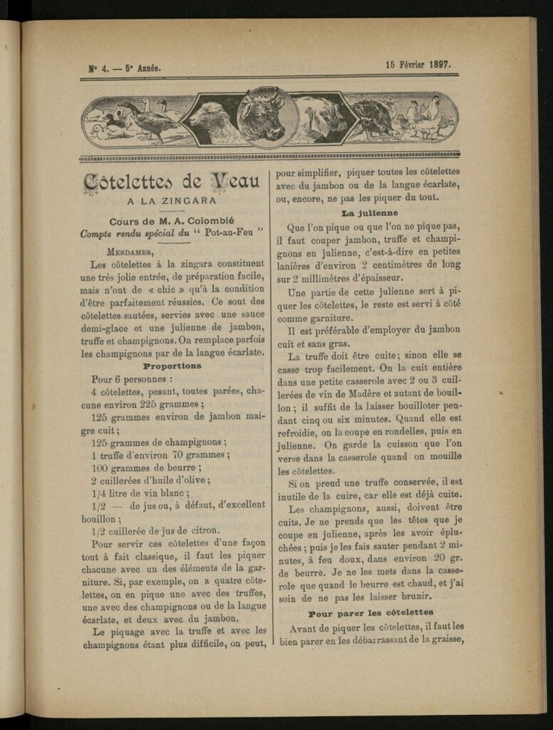 Miniatura de Le Pot-au-Feu : journal de cuisine pratique et d´économie domestique del 15 de febrero de 1897, nº 4