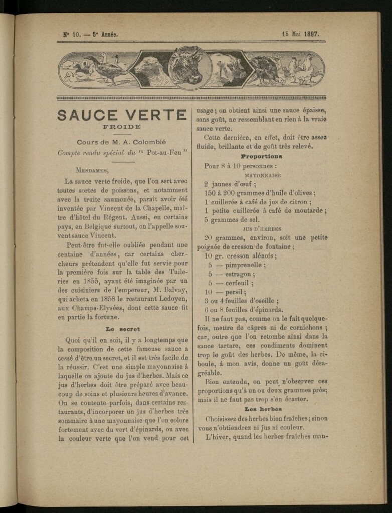 Miniatura de Le Pot-au-Feu : journal de cuisine pratique et d´économie domestique del 15 de mayo de 1897, nº 10