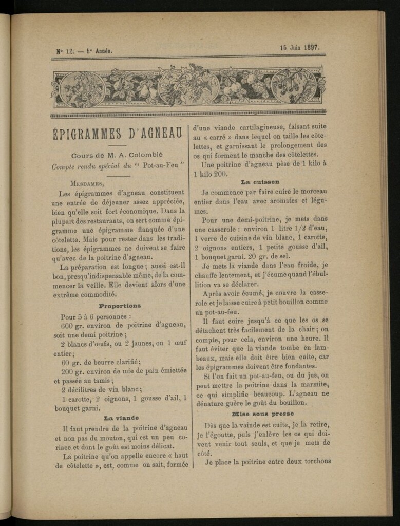 Miniatura de Le Pot-au-Feu : journal de cuisine pratique et d´économie domestique del 15 de junio de 1897, nº 12