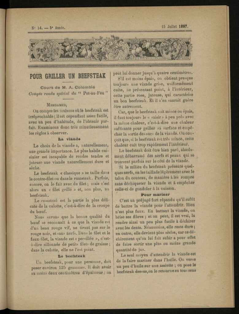 Miniatura de Le Pot-au-Feu : journal de cuisine pratique et d´économie domestique del 15 de julio de 1897, nº 14