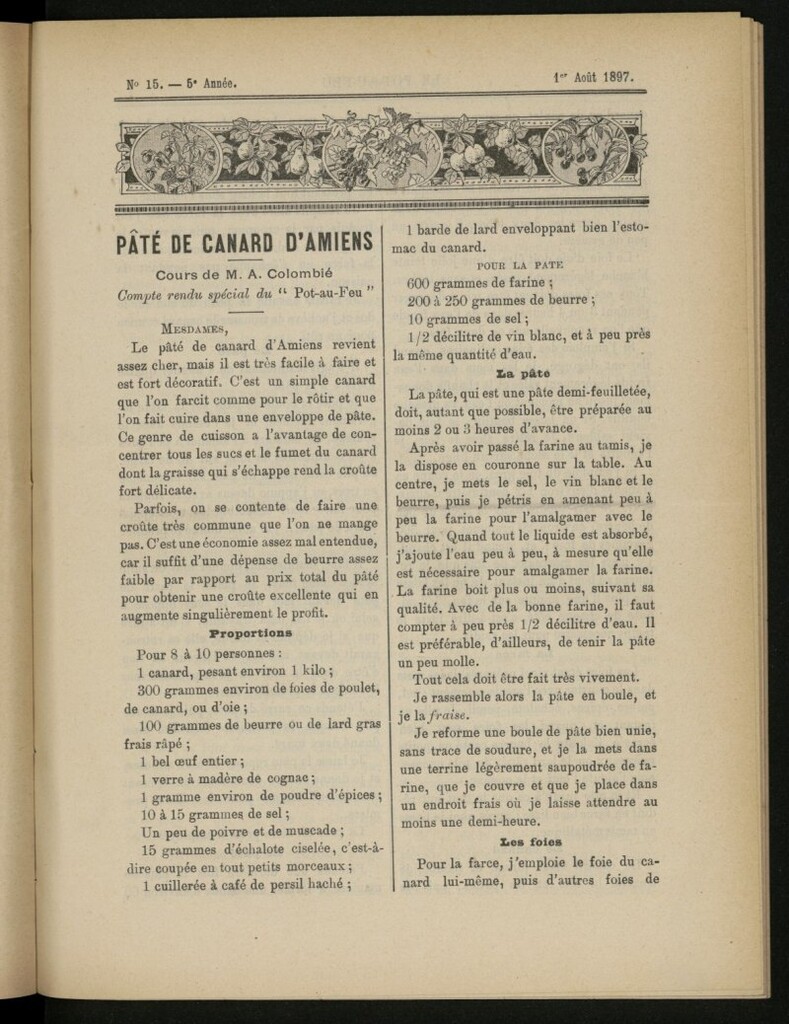 Miniatura de Le Pot-au-Feu : journal de cuisine pratique et d´économie domestique del 1 de agosto de 1897, nº 15