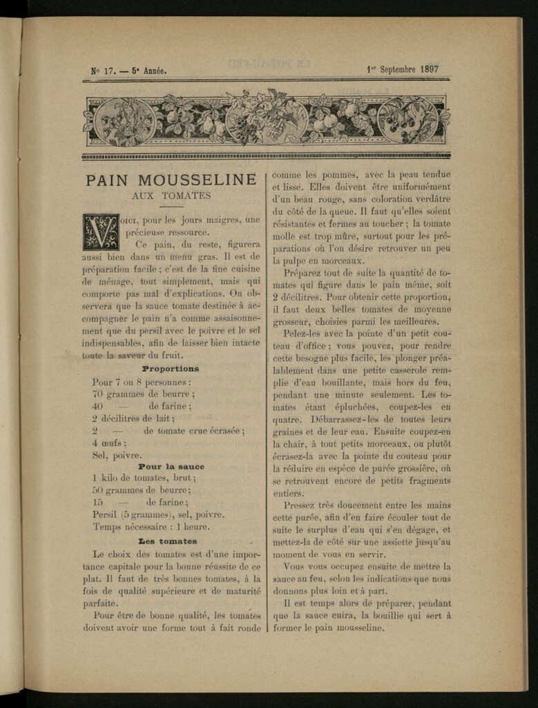 Miniatura de Le Pot-au-Feu : journal de cuisine pratique et d´économie domestique del 1 de septiembre de 1897, nº 17
