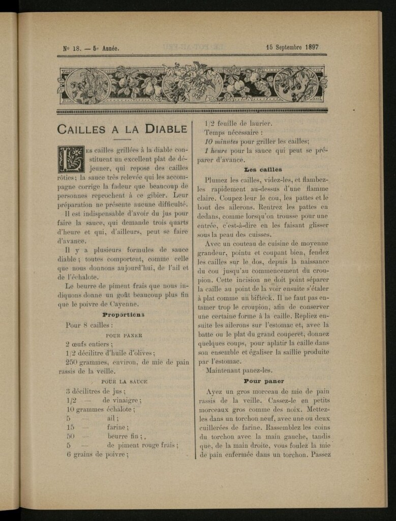 Miniatura de Le Pot-au-Feu : journal de cuisine pratique et d´économie domestique del 15 de septiembre de 1897, nº 18