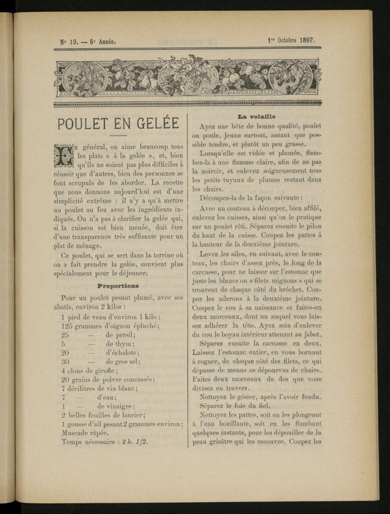 Miniatura de Le Pot-au-Feu : journal de cuisine pratique et d´économie domestique del 1 de octubre de 1897, nº 19