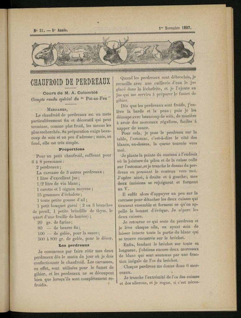 Miniatura de Le Pot-au-Feu : journal de cuisine pratique et d´économie domestique del 1 de noviembre de 1897, nº 21