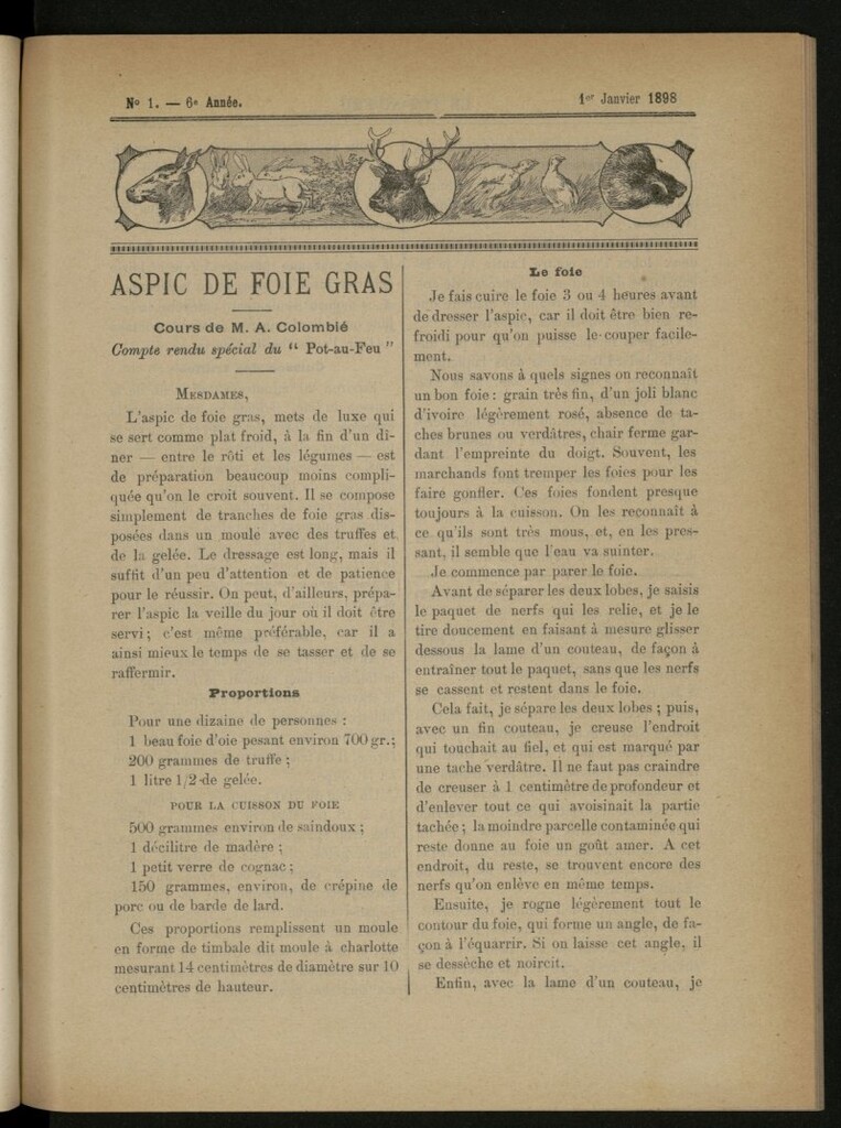 Miniatura de Le Pot-au-Feu : journal de cuisine pratique et d´économie domestique del 1 de enero de 1898, nº 1
