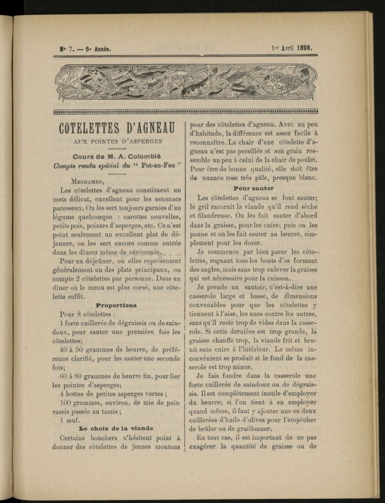 Miniatura de Le Pot-au-Feu : journal de cuisine pratique et d´économie domestique del 1 de abril de 1898, nº 7