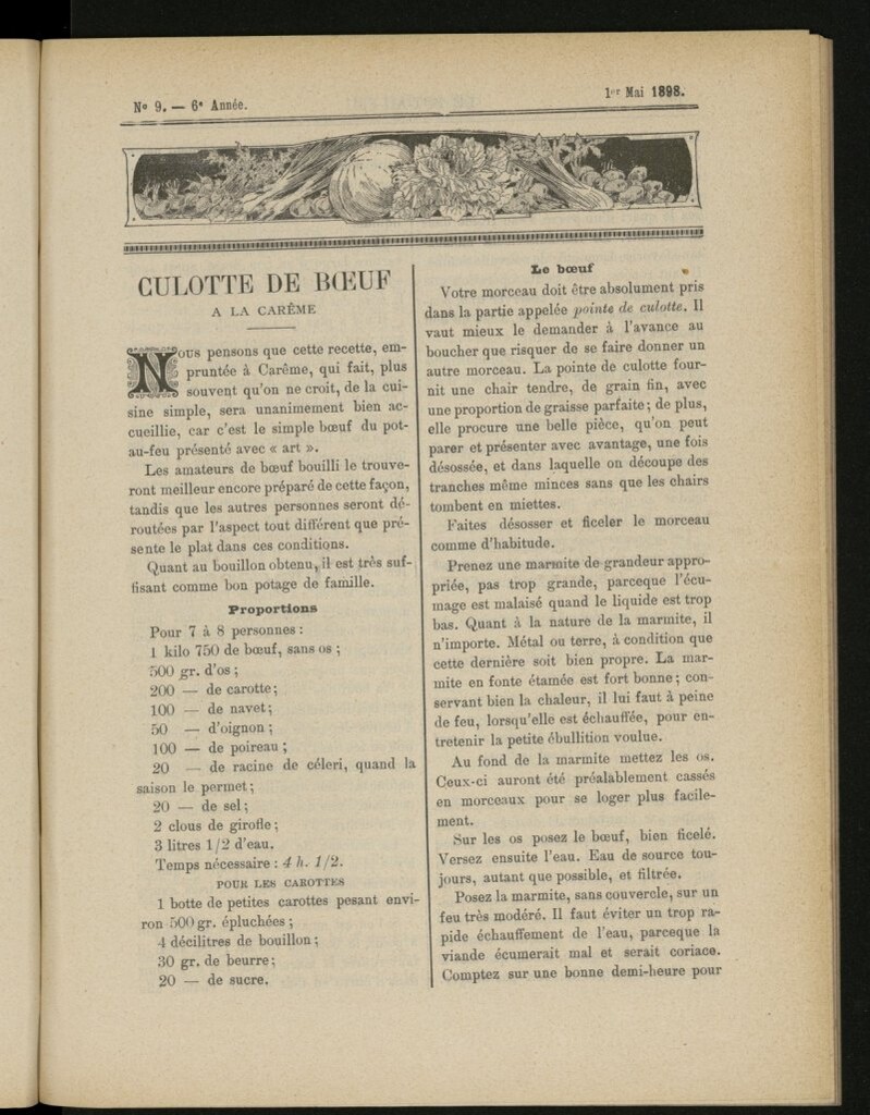 Miniatura de Le Pot-au-Feu : journal de cuisine pratique et d´économie domestique del 1 de mayo de 1898, nº 9