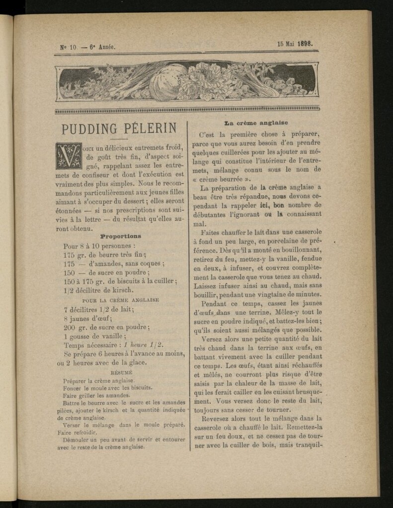 Miniatura de Le Pot-au-Feu : journal de cuisine pratique et d´économie domestique del 15 de mayo de 1898, nº 10