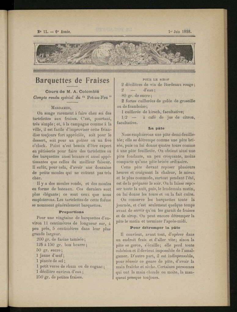 Miniatura de Le Pot-au-Feu : journal de cuisine pratique et d´économie domestique del 1 de junio de 1898, nº 11