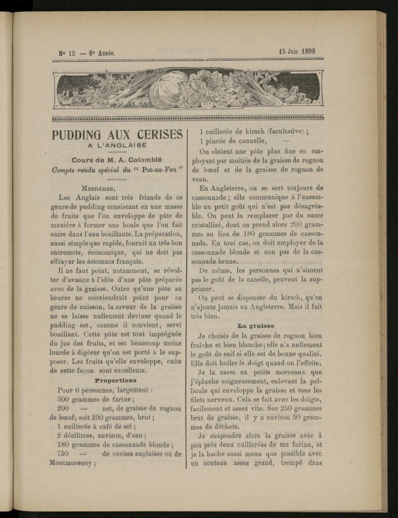 Miniatura de Le Pot-au-Feu : journal de cuisine pratique et d´économie domestique del 15 de junio de 1898, nº 12