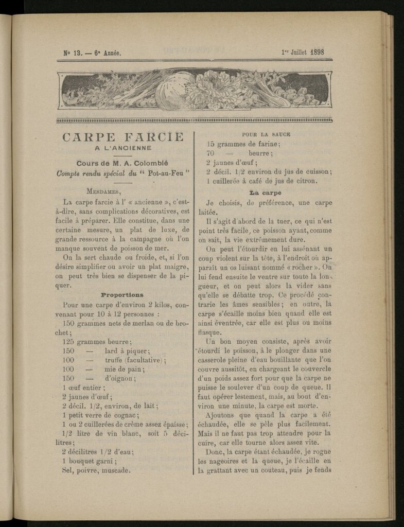 Miniatura de Le Pot-au-Feu : journal de cuisine pratique et d´économie domestique del 1 de julio de 1898, nº 13