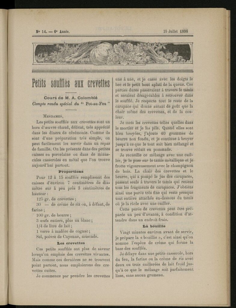 Miniatura de Le Pot-au-Feu : journal de cuisine pratique et d´économie domestique del 15 de julio de 1898, nº 14