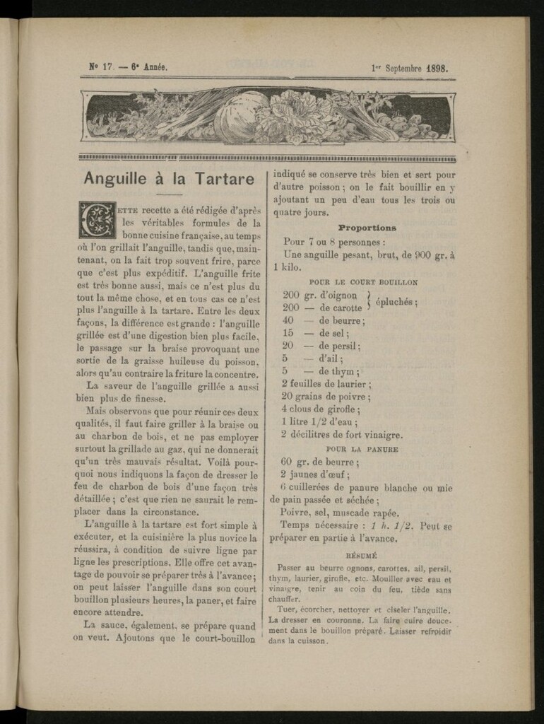 Miniatura de Le Pot-au-Feu : journal de cuisine pratique et d´économie domestique del 1 de septiembre de 1898, nº 17
