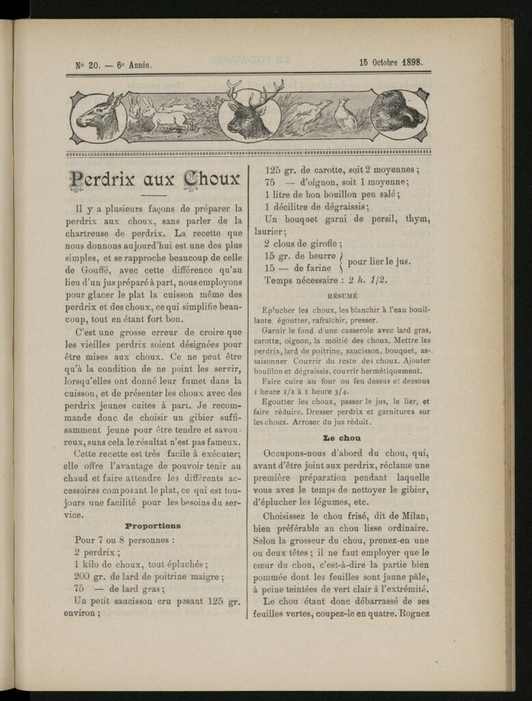 Miniatura de Le Pot-au-Feu : journal de cuisine pratique et d´économie domestique del 15 de octubre de 1898, nº 20
