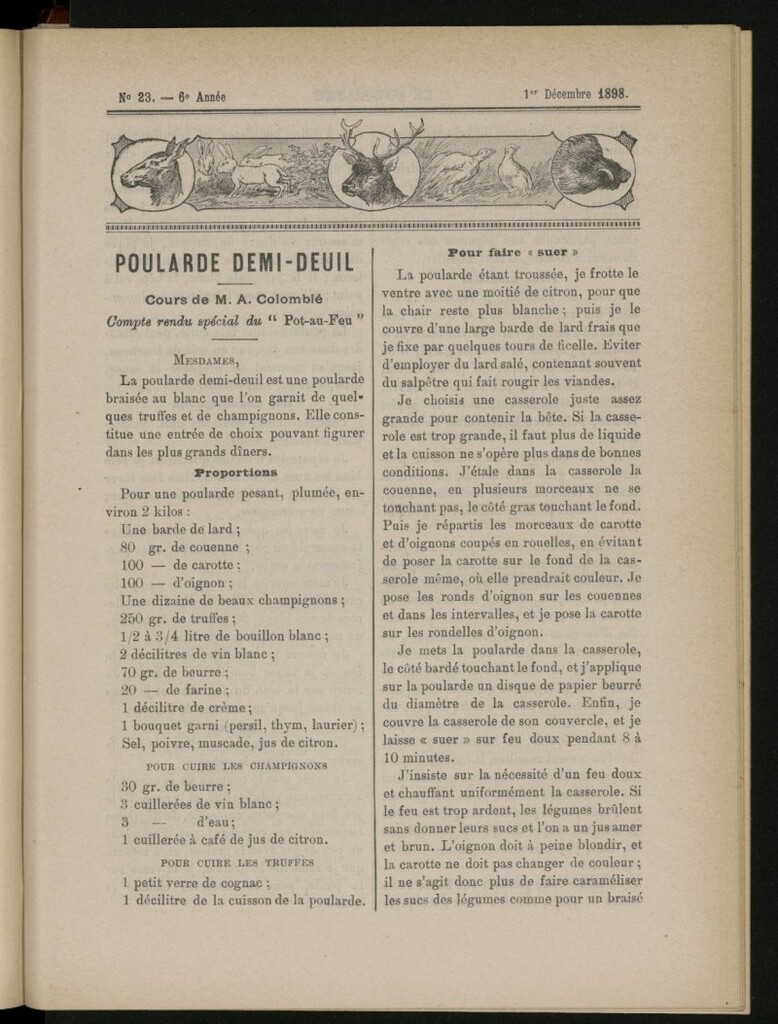 Miniatura de Le Pot-au-Feu : journal de cuisine pratique et d´économie domestique del 1 de diciembre de 1898, nº 23