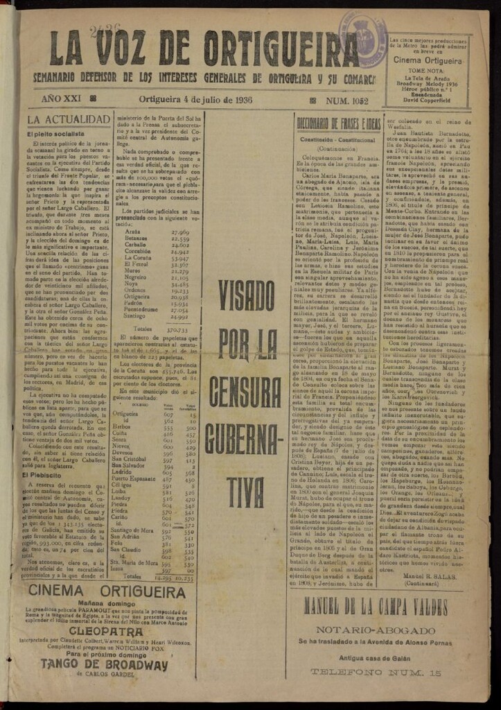 Miniatura de La Voz de Ortigueira del 4 de julio de 1936, nº 1052