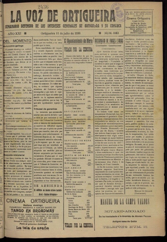Miniatura de La Voz de Ortigueira del 11 de julio de 1936, nº 1053