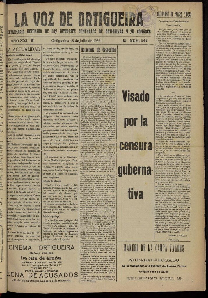 Miniatura de La Voz de Ortigueira del 18 de julio de 1936, nº 1054
