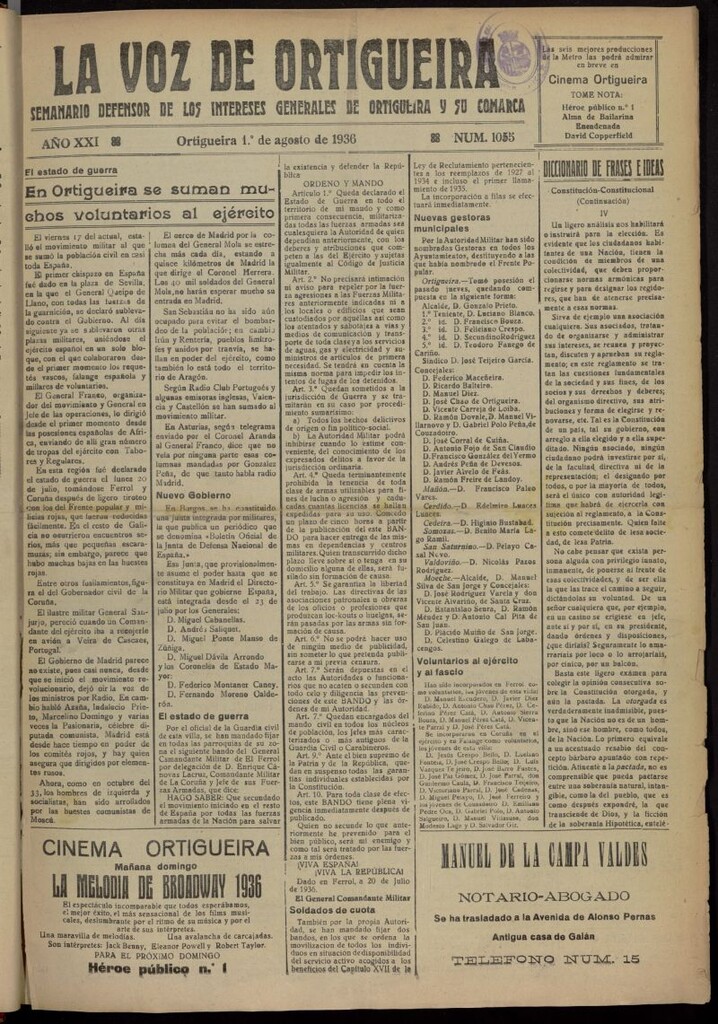 Miniatura de La Voz de Ortigueira del 1 de agosto de 1936, nº 1055