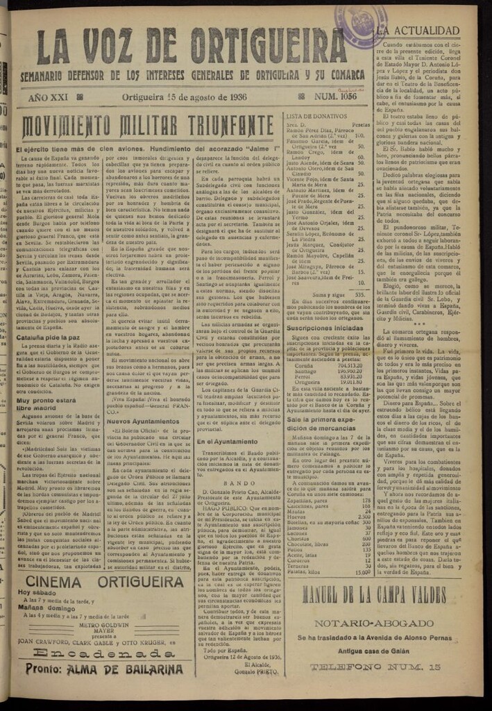Miniatura de La Voz de Ortigueira del 15 de agosto de 1936, nº 1057