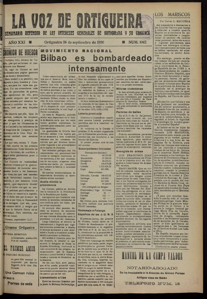 Miniatura de La Voz de Ortigueira del 26 de septiembre de 1936, nº 1062