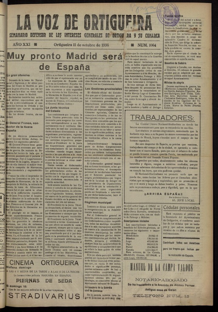 Miniatura de La Voz de Ortigueira del 11 de octubre de 1936, nº 1064