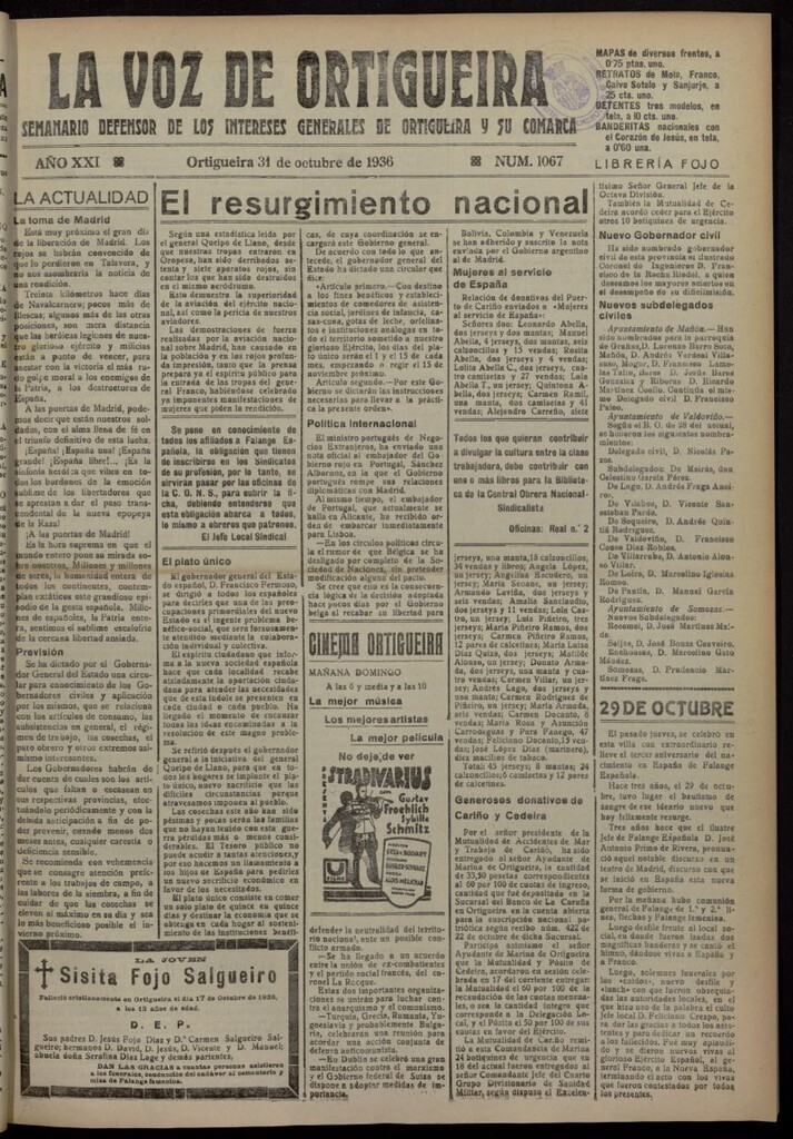 Miniatura de La Voz de Ortigueira del 31 de octubre de 1936, nº 1067