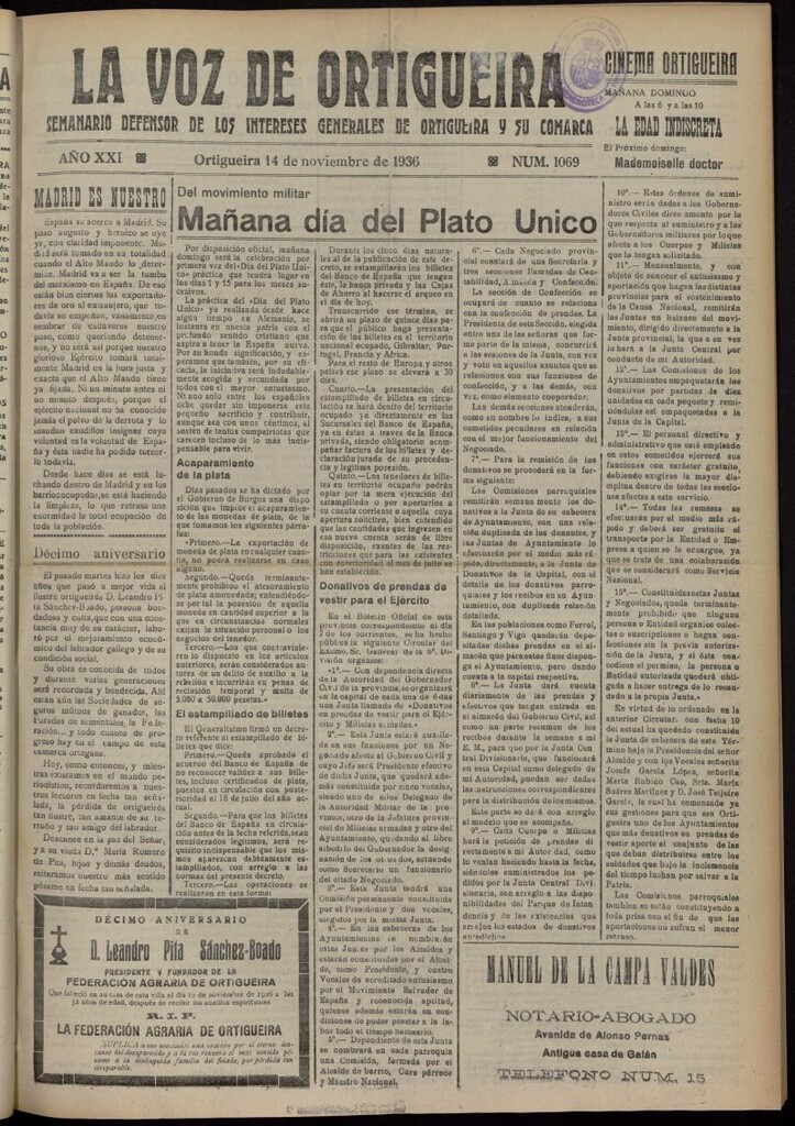 Miniatura de La Voz de Ortigueira del 14 de noviembre de 1936, nº 1069