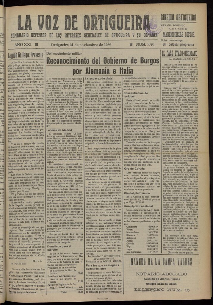 Miniatura de La Voz de Ortigueira del 21 de noviembre de 1936, nº 1070